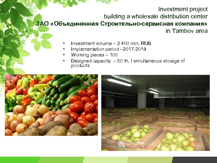 Investment project building a wholesale distribution center ЗАО «Объединенная Строительно-сервисная компания» in Tambov area