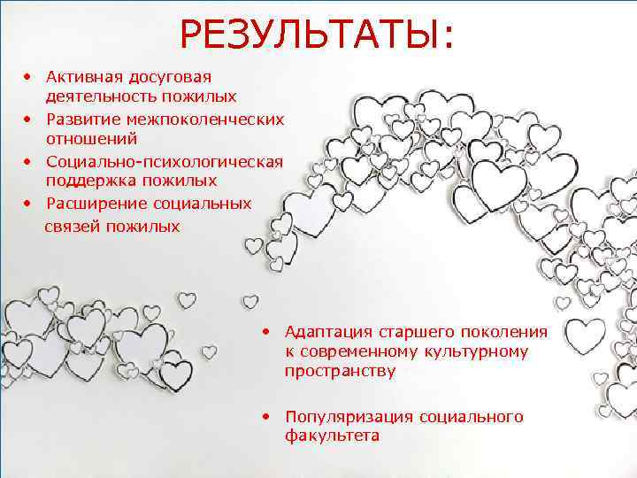 РЕЗУЛЬТАТЫ: • Активная досуговая деятельность пожилых • Развитие межпоколенческих отношений • Социально-психологическая поддержка пожилых