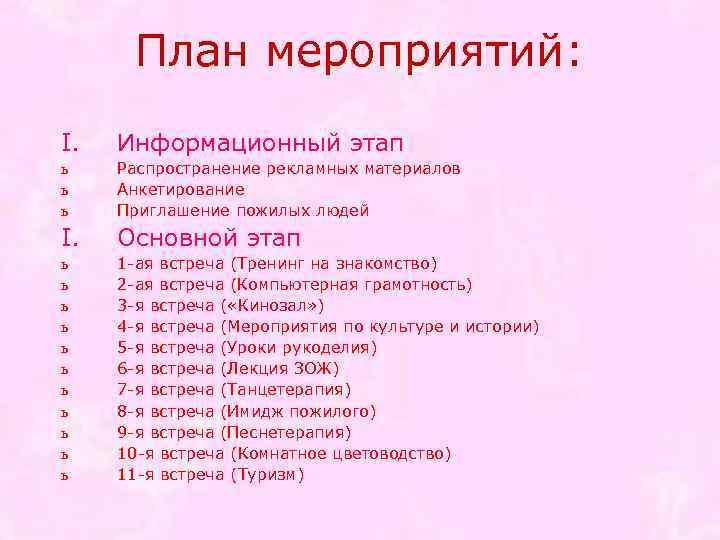 План мероприятий: I. Информационный этап ь ь ь Распространение рекламных материалов Анкетирование Приглашение пожилых