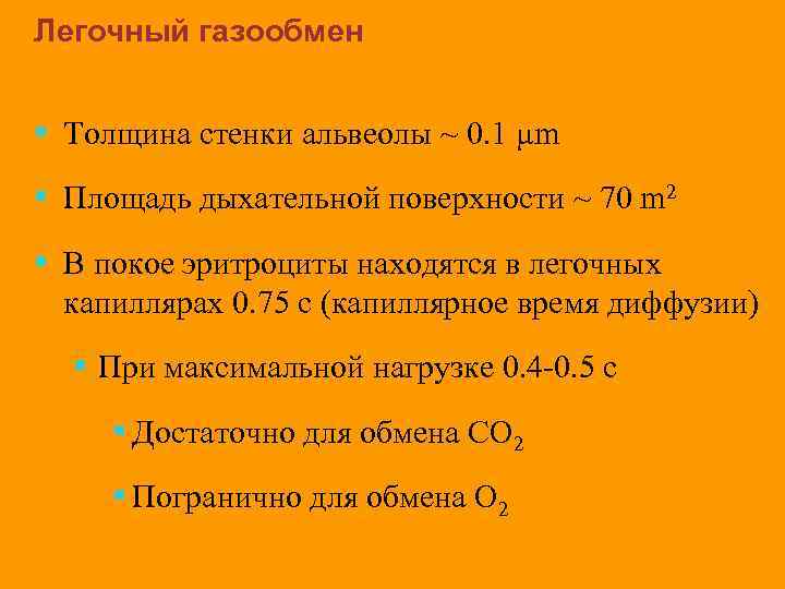 Легочный газообмен § Толщина стенки альвеолы ~ 0. 1 µm § Площадь дыхательной поверхности