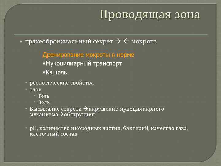 Проводящая зона • трахеобронхиальный секрет мокрота Дренирование мокроты в норме • Мукоцилиарный транспорт •