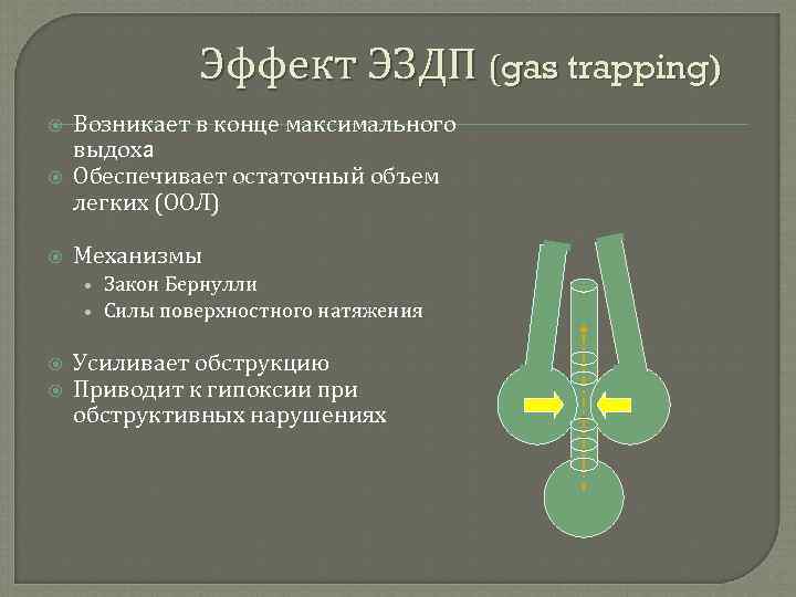 Эффект ЭЗДП (gas trapping) Возникает в конце максимального выдоха Обеспечивает остаточный объем легких (ООЛ)