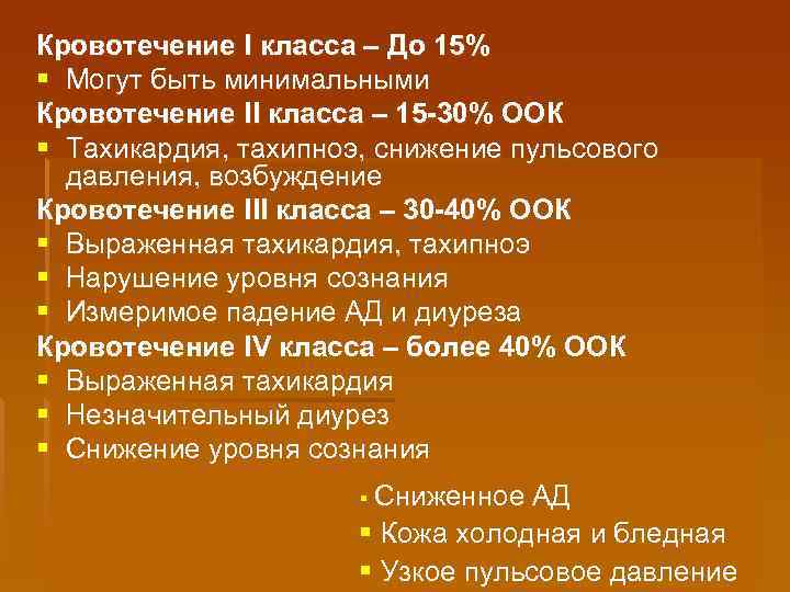 Кровотечение I класса – До 15% § Могут быть минимальными Кровотечение II класса –