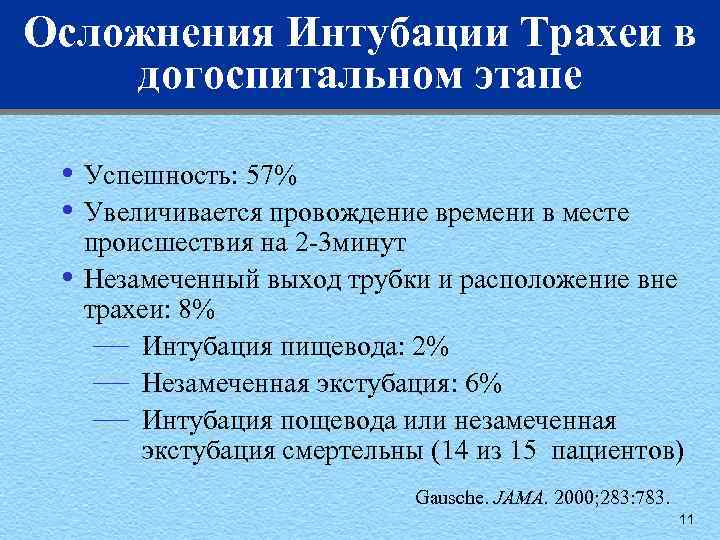 Осложнения Интубации Трахеи в догоспитальном этапе • Успешность: 57% • Увеличивается провождение времени в