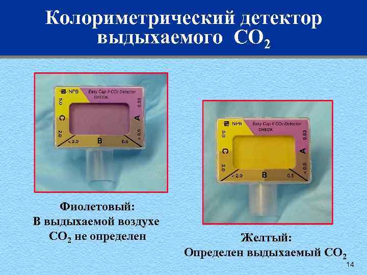 Колориметрический детектор выдыхаемого CO 2 Фиолетовый: В выдыхаемой воздухе CO 2 не определен Желтый: