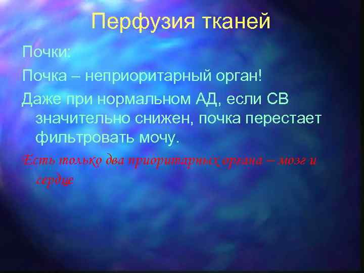 Перфузия тканей Почки: Почка – неприоритарный орган! Даже при нормальном АД, если СВ значительно