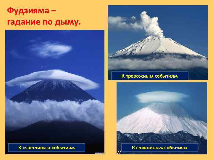 Фудзияма – гадание по дыму. К тревожным событиям К счастливым событиям К спокойным событиям