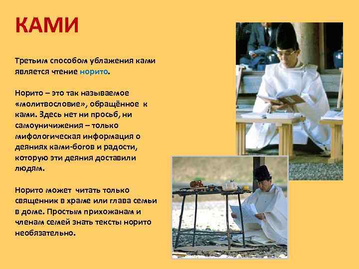 КАМИ Третьим способом ублажения ками является чтение норито. Норито – это так называемое «молитвословие»