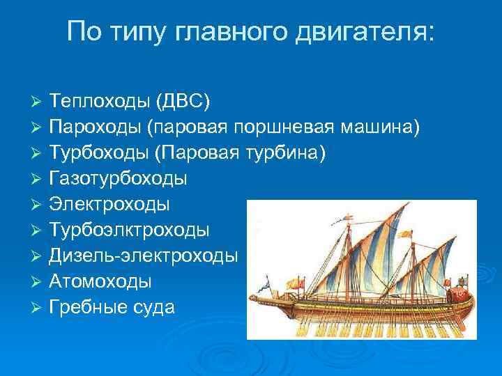 Типы судов. Классификация гребных судов. Виды вёсельных судов. Классификация судов по типу двигателя. Классификация судов по типу движителя.