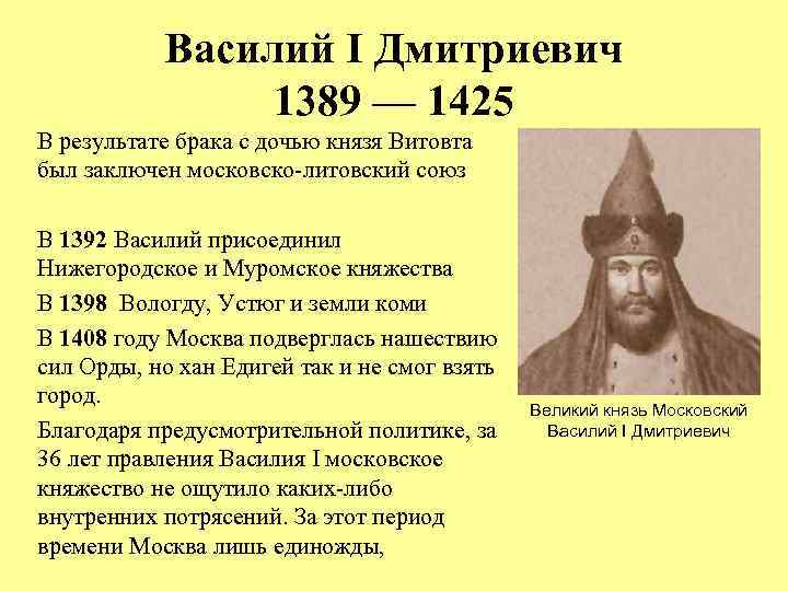 Василий I Дмитриевич 1389 — 1425 В результате брака с дочью князя Витовта был