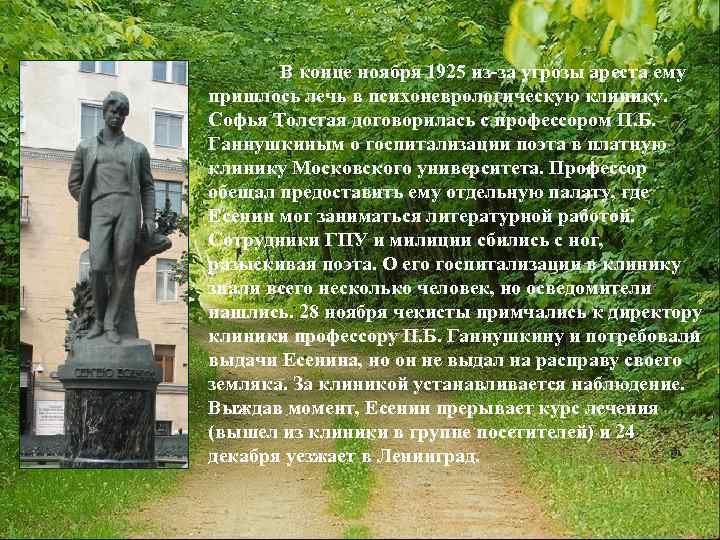 В конце ноября 1925 из-за угрозы ареста ему пришлось лечь в психоневрологическую клинику. Софья