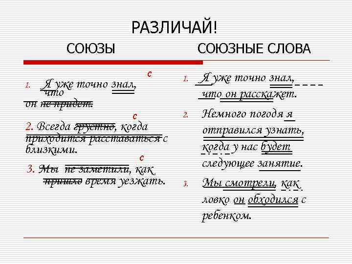 РАЗЛИЧАЙ! СОЮЗЫ СОЮЗНЫЕ СЛОВА Я уже точно знал, что он не придет. С 1.