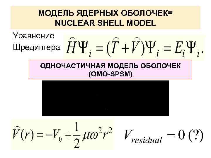 МОДЕЛЬ ЯДЕРНЫХ ОБОЛОЧЕК= NUCLEAR SHELL MODEL Уравнение Шредингера ОДНОЧАСТИЧНАЯ МОДЕЛЬ ОБОЛОЧЕК (ОМО-SPSM) 