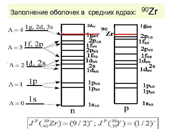 Заполнение оболочек в средних ядрах: 90 Zr 