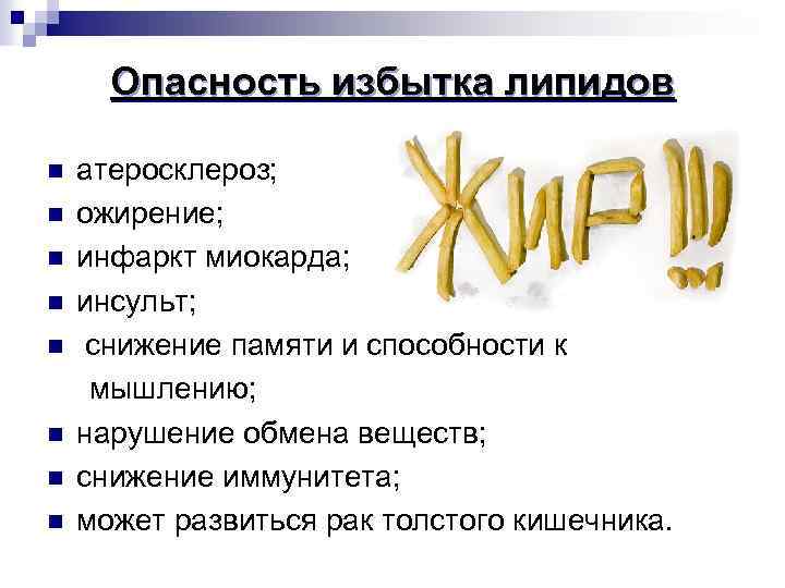 Опасность избытка липидов n n n n атеросклероз; ожирение; инфаркт миокарда; инсульт; снижение памяти