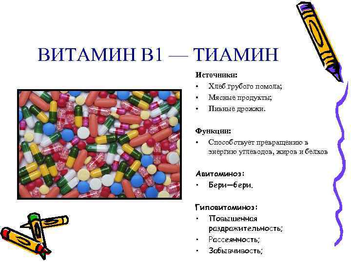 ВИТАМИН В 1 — ТИАМИН Источники: • Хлеб грубого помола; • Мясные продукты; •