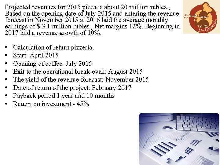 Projected revenues for 2015 pizza is about 20 million rubles. , Based on the