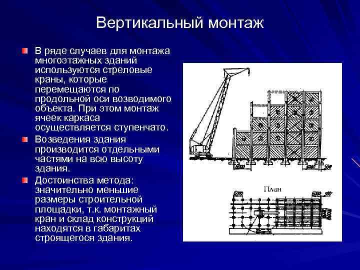 Вертикальный монтаж В ряде случаев для монтажа многоэтажных зданий используются стреловые краны, которые перемещаются