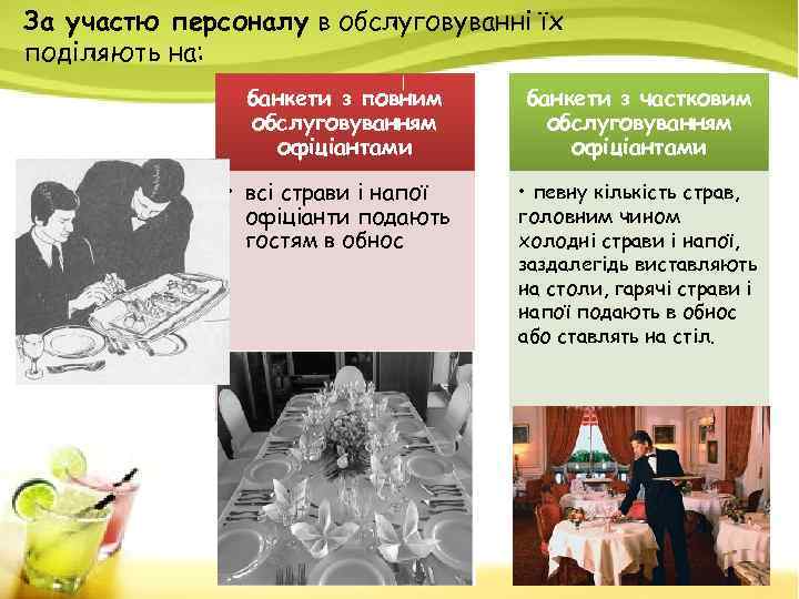 За участю персоналу в обслуговуванні їх поділяють на: банкети з повним обслуговуванням офіціантами •