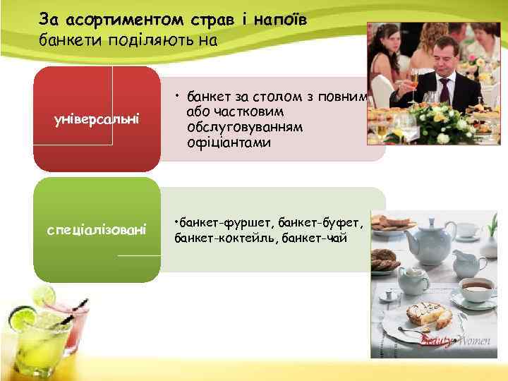 За асортиментом страв і напоїв банкети поділяють на універсальні • банкет за столом з