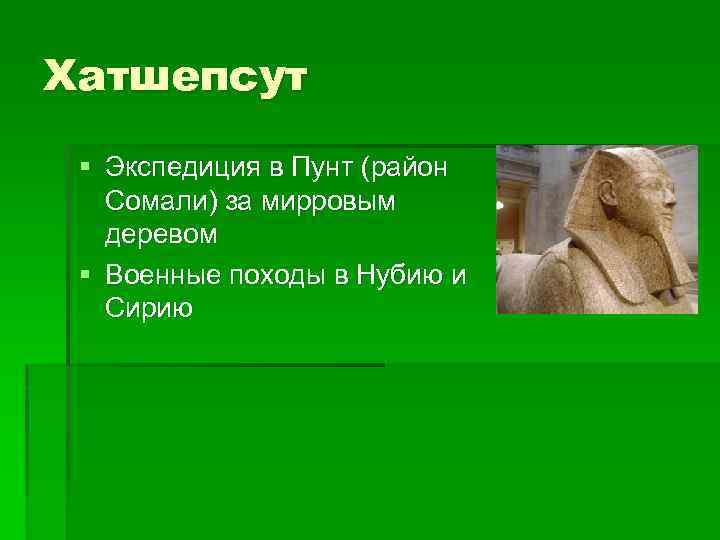 Хатшепсут § Экспедиция в Пунт (район Сомали) за мирровым деревом § Военные походы в