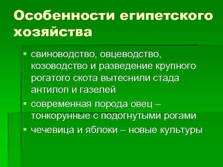 Особенности египетского хозяйства § свиноводство, овцеводство, козоводство и разведение крупного рогатого скота вытеснили стада