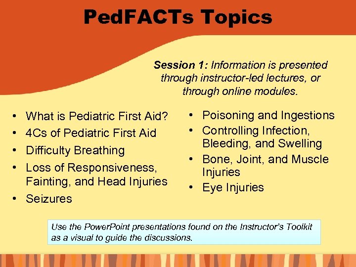 Ped. FACTs Topics Session 1: Information is presented through instructor-led lectures, or through online