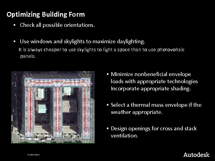 Optimizing Building Form § Check all possible orientations. § Use windows and skylights to