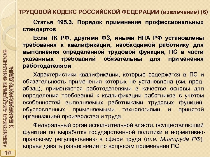 ТРУДОВОЙ КОДЕКС РОССИЙСКОЙ ФЕДЕРАЦИИ (извлечение) (6) СИБИРСКАЯ АКАДЕМИЯ ФИНАНСОВ И БАНКОВСКОГО ДЕЛА Статья 195.