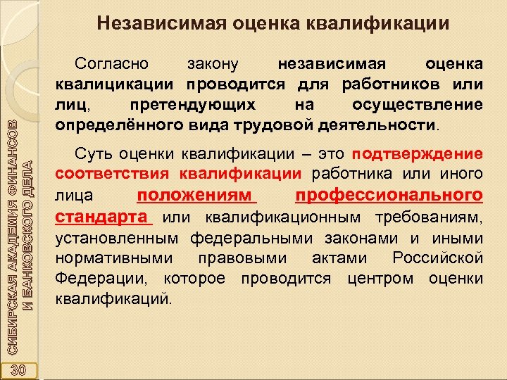 СИБИРСКАЯ АКАДЕМИЯ ФИНАНСОВ И БАНКОВСКОГО ДЕЛА Независимая оценка квалификации 30 Согласно закону независимая оценка