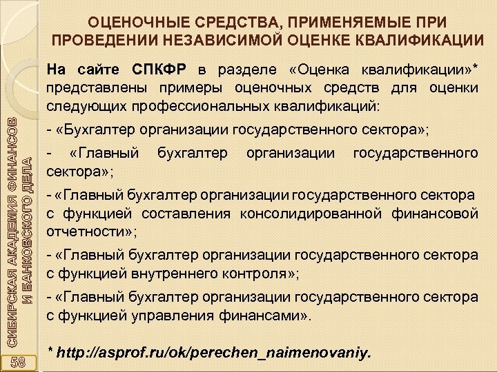 ОЦЕНОЧНЫЕ СРЕДСТВА, ПРИМЕНЯЕМЫЕ ПРИ ПРОВЕДЕНИИ НЕЗАВИСИМОЙ ОЦЕНКЕ КВАЛИФИКАЦИИ СИБИРСКАЯ АКАДЕМИЯ ФИНАНСОВ И БАНКОВСКОГО ДЕЛА