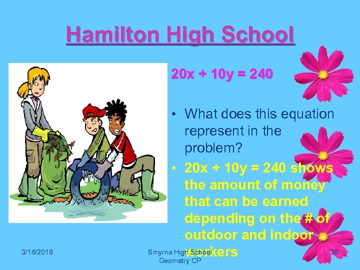 Hamilton High School 20 x + 10 y = 240 3/16/2018 • What does