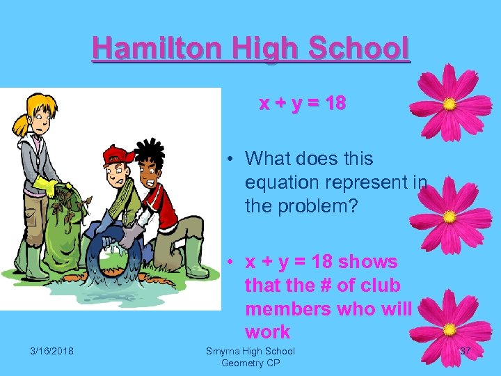 Hamilton High School x + y = 18 • What does this equation represent