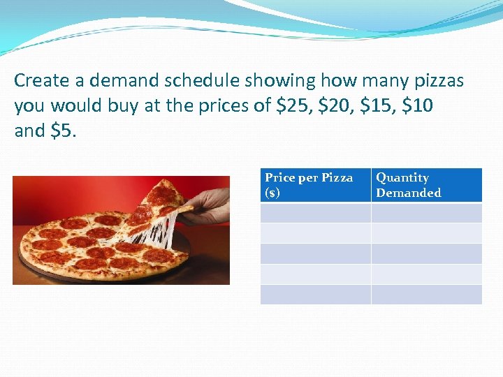 Create a demand schedule showing how many pizzas you would buy at the prices