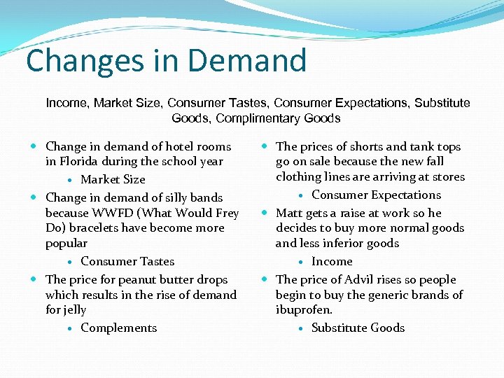 Changes in Demand Income, Market Size, Consumer Tastes, Consumer Expectations, Substitute Goods, Complimentary Goods