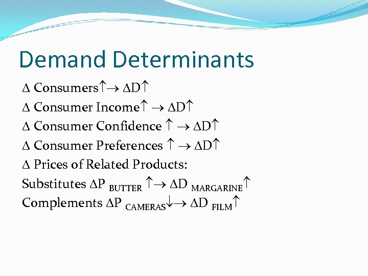 Demand Determinants Consumers D Consumer Income D Consumer Confidence D Consumer Preferences D Prices
