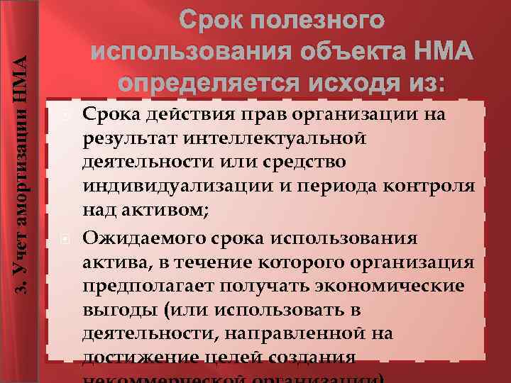 3. Учет амортизации НМА Срок полезного использования объекта НМА определяется исходя из: Срока действия