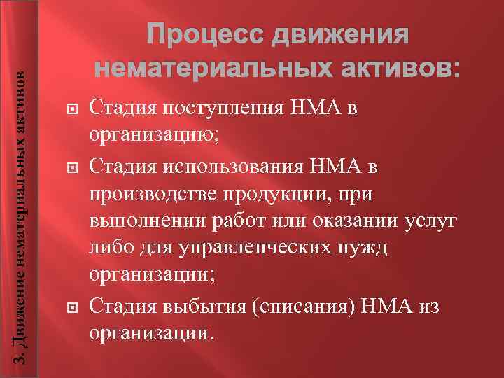 3. Движение нематериальных активов Процесс движения нематериальных активов: Стадия поступления НМА в организацию; Стадия