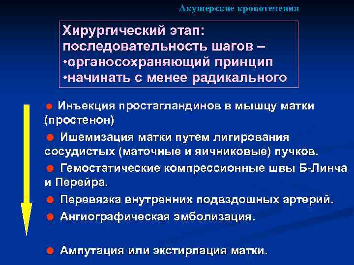 Акушерские кровотечения Хирургический этап: последовательность шагов – • органосохраняющий принцип • начинать с менее