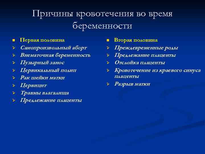 Причины кровотечения во время беременности n Первая половина n Вторая половина Ø Самопроизвольный аборт