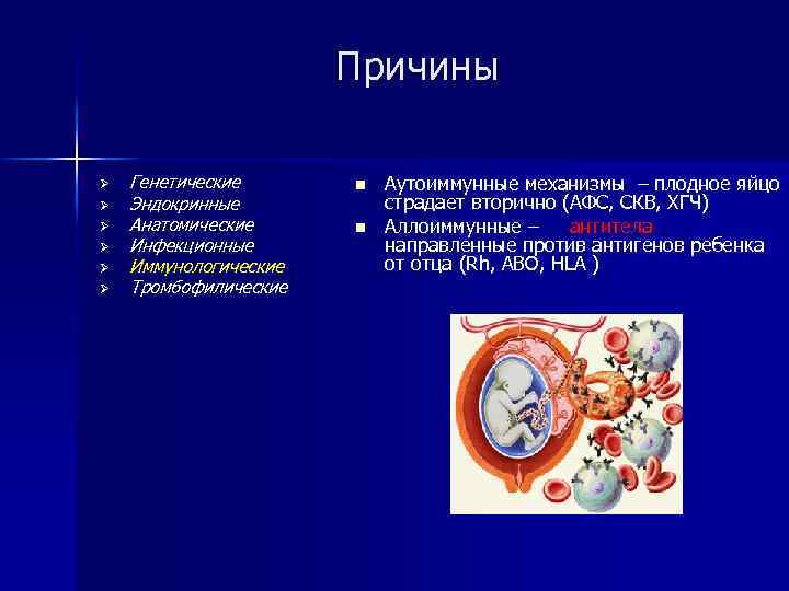 Причины Ø Ø Ø Генетические Эндокринные Анатомические Инфекционные Иммунологические Тромбофилические n n Аутоиммунные механизмы