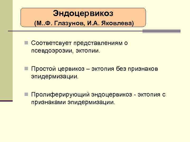 Эндоцервикоз (М. . Ф. Глазунов, И. А. Яковлева) n Cоответсвует представлениям о псевдоэрозии, эктопии.