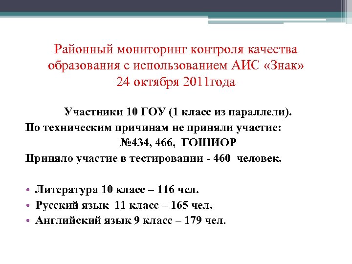 Районный мониторинг контроля качества образования с использованием АИС «Знак» 24 октября 2011 года Участники