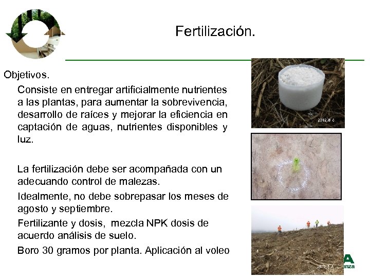 Fertilización. Objetivos. Consiste en entregar artificialmente nutrientes a las plantas, para aumentar la sobrevivencia,