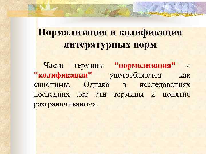 Нормализация и кодификация литературных норм Часто термины 