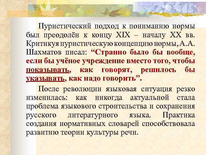 Пуристический подход к пониманию нормы был преодолён к концу XIX – началу XX вв.