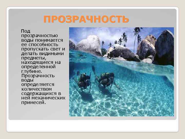 ПРОЗРАЧНОСТЬ Под прозрачностью воды понимается ее способность пропускать свет и делать видимыми предметы, находящиеся