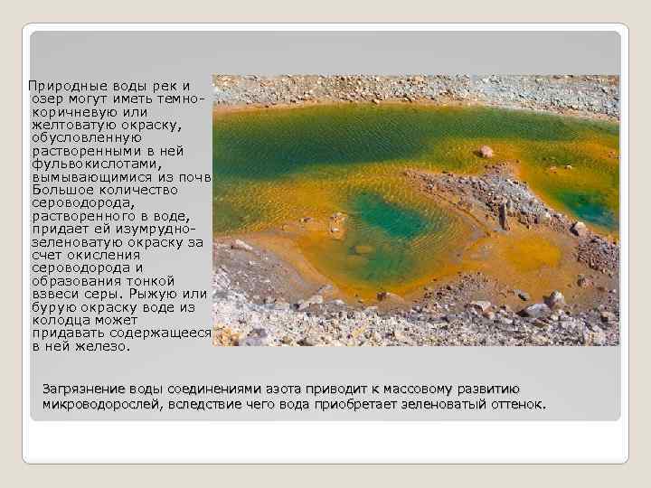  Природные воды рек и озер могут иметь темнокоричневую или желтоватую окраску, обусловленную растворенными