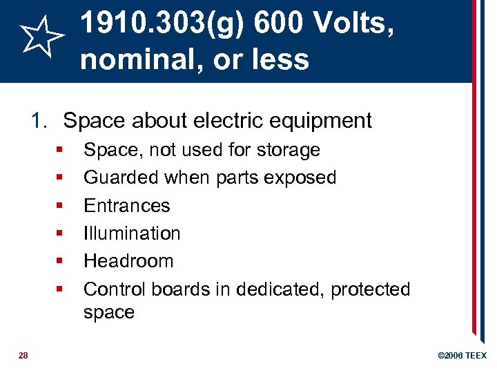 1910. 303(g) 600 Volts, nominal, or less 1. Space about electric equipment § §