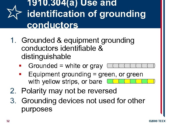 1910. 304(a) Use and identification of grounding conductors 1. Grounded & equipment grounding conductors